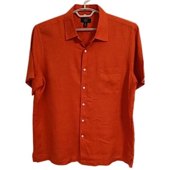 Club Room Luxury Mens Linen Shirt XL Short Sleeve Button Front Orange Tropical - Picture 5 of 16